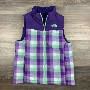 North Face Reversible Puffer Vest Plaid Purple Mint White Girls Medium